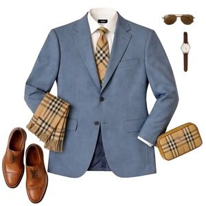 Burberry London Blue Blazer Made in Italy Men's 48R Wool Blend Two Button FLAWS